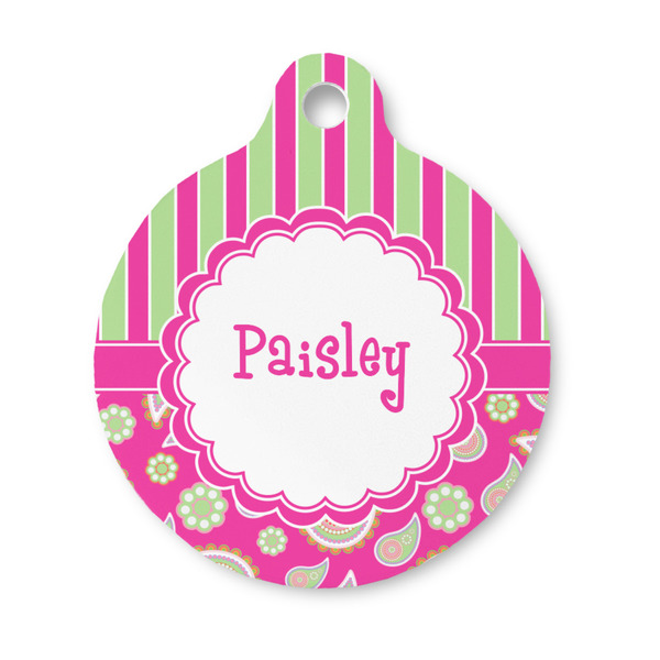 Custom Pink & Green Paisley and Stripes Round Pet ID Tag - Small (Personalized)