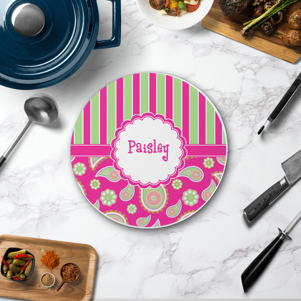 Pink & Green Paisley and Stripes Round Stone Trivet - In Context View