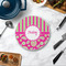 Pink & Green Paisley and Stripes Round Stone Trivet - In Context View