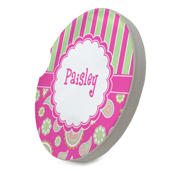 Pink & Green Paisley and Stripes Sandstone Car Coaster - STANDING ANGLE