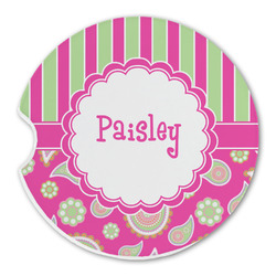 Pink & Green Paisley and Stripes Sandstone Car Coaster - Single (Personalized)