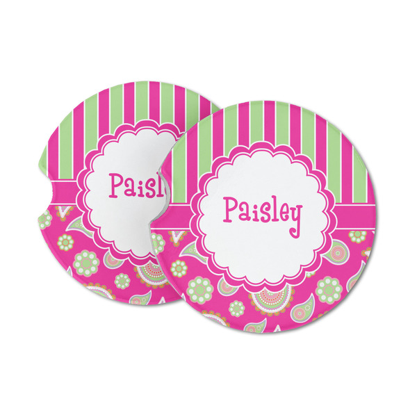 Custom Pink & Green Paisley and Stripes Sandstone Car Coasters - Set of 2 (Personalized)