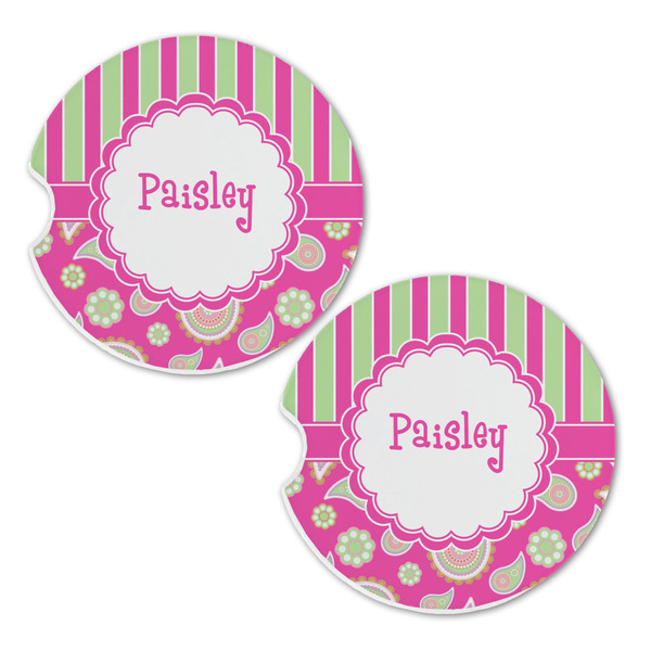 Pink & Green Paisley and Stripes Sandstone Car Coasters - Set of 2