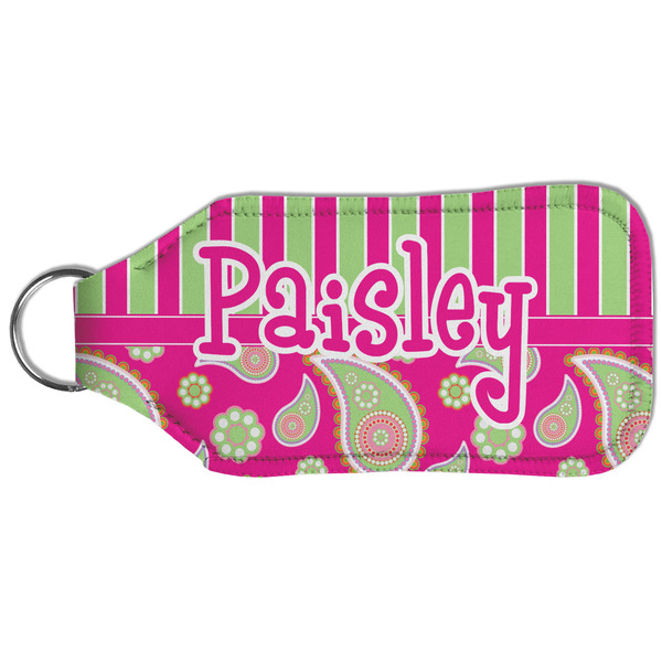 Pink & Green Paisley and Stripes Sanitizer Holder Keychain - Large (Back)