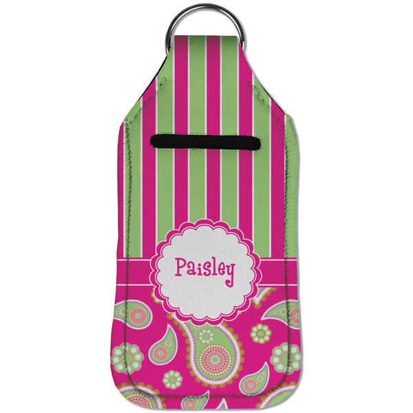 Pink & Green Paisley and Stripes Sanitizer Holder Keychain - Large (Front)