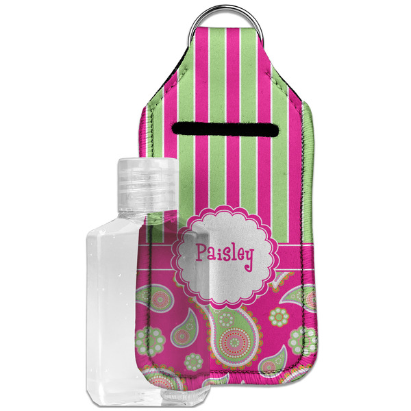 Custom Pink & Green Paisley and Stripes Hand Sanitizer & Keychain Holder - Large (Personalized)