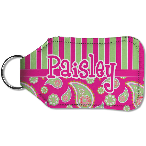 Pink & Green Paisley and Stripes Sanitizer Holder Keychain - Small (Back)