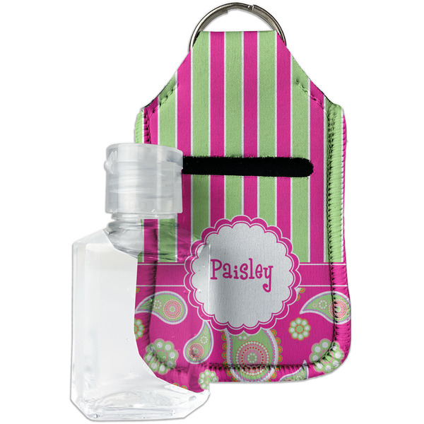 Custom Pink & Green Paisley and Stripes Hand Sanitizer & Keychain Holder (Personalized)