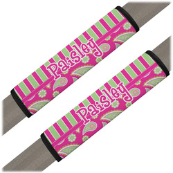 Pink & Green Paisley and Stripes Seat Belt Covers (Set of 2) (Personalized)