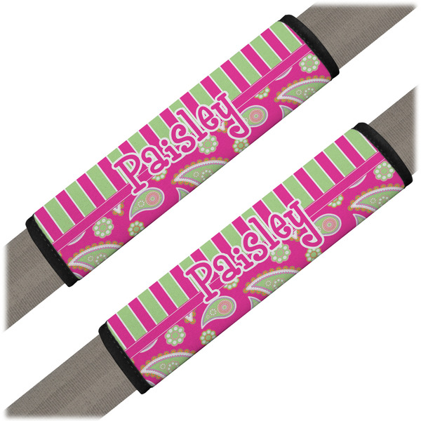 Custom Pink & Green Paisley and Stripes Seat Belt Covers (Set of 2) (Personalized)