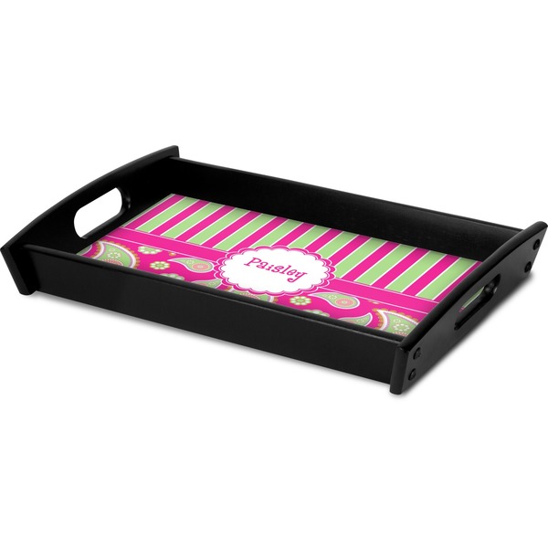 Pink & Green Paisley and Stripes Serving Tray Black - Corner