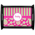 Pink & Green Paisley and Stripes Black Wooden Tray - Large (Personalized)