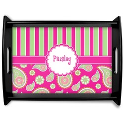 Pink & Green Paisley and Stripes Black Wooden Tray - Large (Personalized)