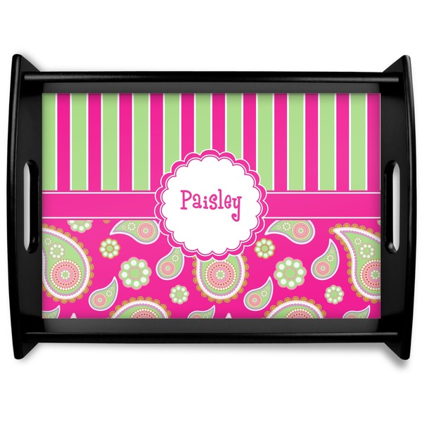 Custom Pink & Green Paisley and Stripes Black Wooden Tray - Large (Personalized)