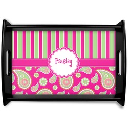 Pink & Green Paisley and Stripes Black Wooden Tray - Small (Personalized)