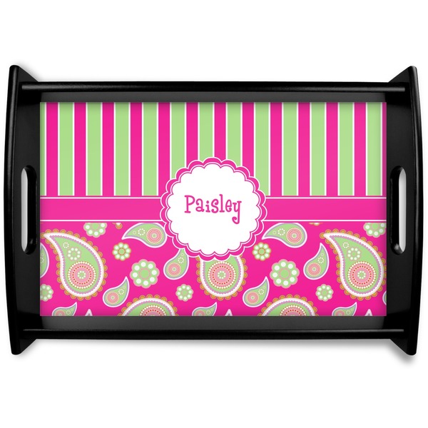 Custom Pink & Green Paisley and Stripes Black Wooden Tray - Small (Personalized)