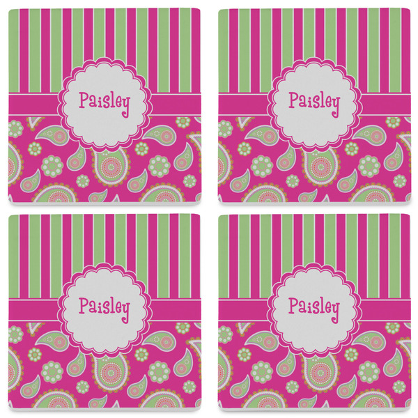 Pink & Green Paisley and Stripes Set of 4 Sandstone Coasters - See All 4 View