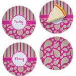 Pink & Green Paisley and Stripes Set of 4 Glass Appetizer / Dessert Plate 8" (Personalized)