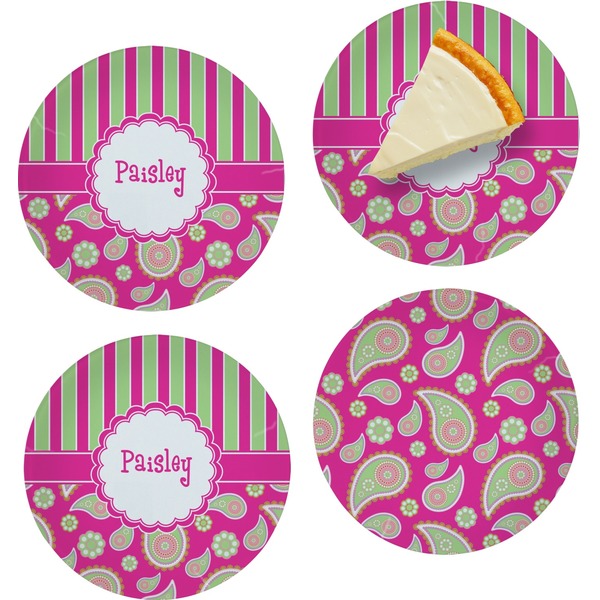 Custom Pink & Green Paisley and Stripes Set of 4 Glass Appetizer / Dessert Plate 8" (Personalized)