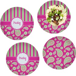 Pink & Green Paisley and Stripes Set of 4 Glass Lunch / Dinner Plate 10" (Personalized)