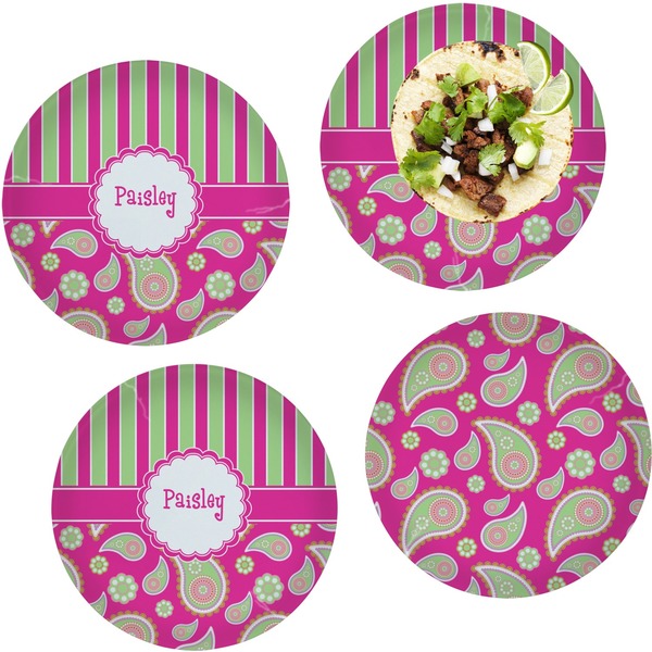Custom Pink & Green Paisley and Stripes Set of 4 Glass Lunch / Dinner Plate 10" (Personalized)