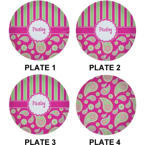 Pink & Green Paisley and Stripes Set of Lunch / Dinner Plates (Approval)