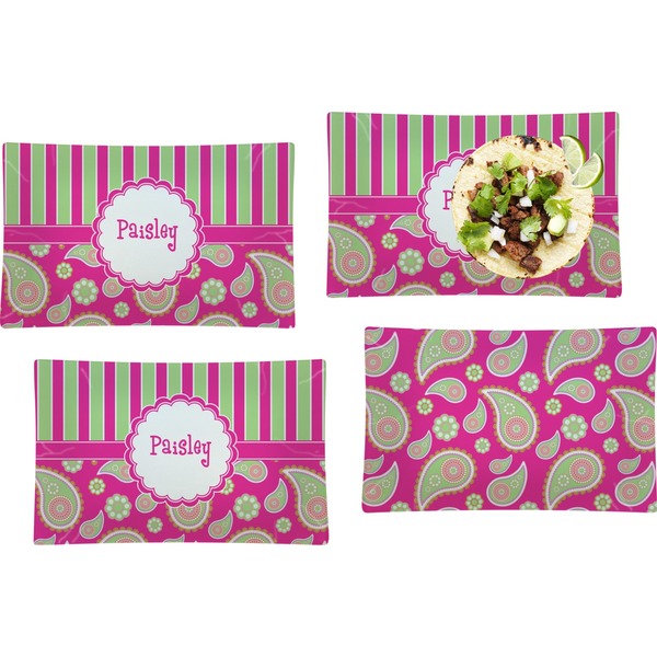 Custom Pink & Green Paisley and Stripes Set of 4 Glass Rectangular Lunch / Dinner Plate (Personalized)