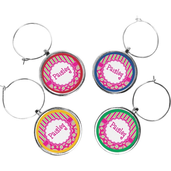 Custom Pink & Green Paisley and Stripes Wine Charms (Set of 4) (Personalized)
