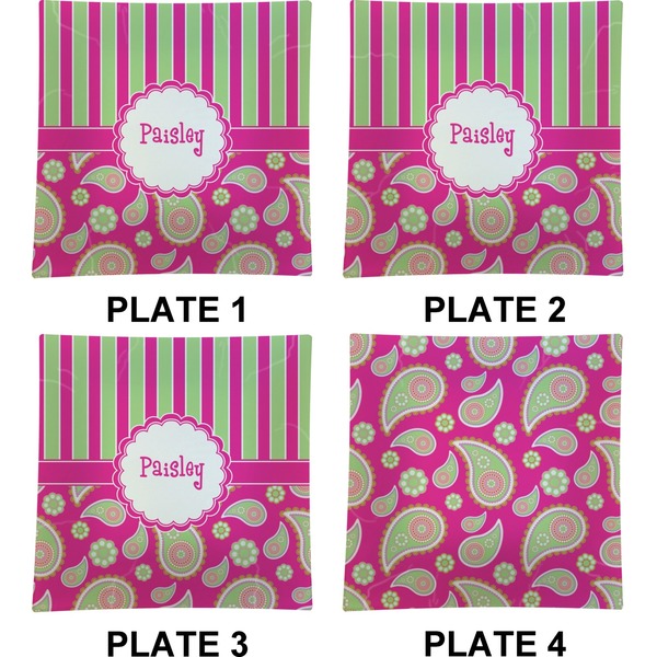 Pink & Green Paisley and Stripes Set of Square Dinner Plates (Approval)