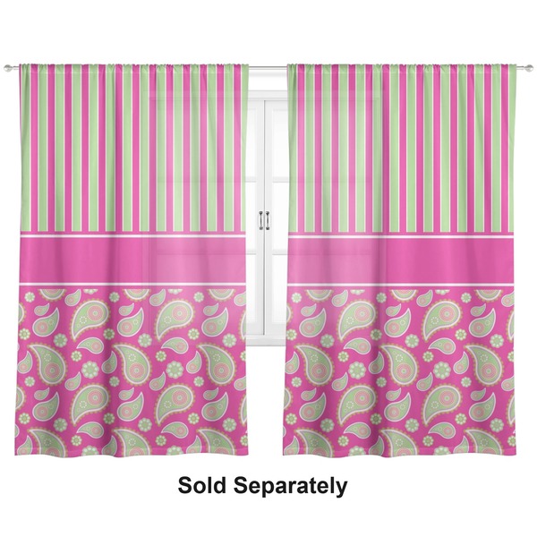 Pink & Green Paisley and Stripes Sheer Curtains