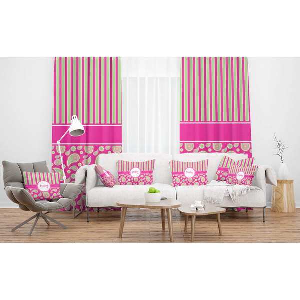 Pink & Green Paisley and Stripes Sheer and Custom Curtains in Room with Matching Pillows