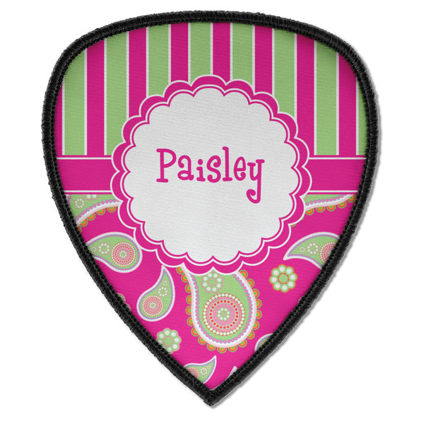 Custom Pink & Green Paisley and Stripes Iron on Shield Patch A w/ Name or Text