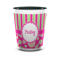 Pink & Green Paisley and Stripes Ceramic Shot Glass - 1.5 oz - Two Tone - Single (Personalized)