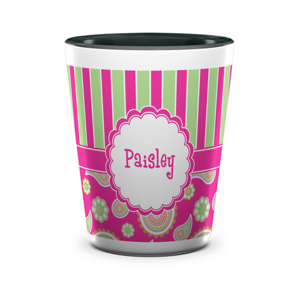 Custom Pink & Green Paisley and Stripes Ceramic Shot Glass - 1.5 oz - Two Tone - Single (Personalized)
