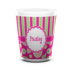 Pink & Green Paisley and Stripes Ceramic Shot Glass - 1.5 oz - White - Set of 4 (Personalized)