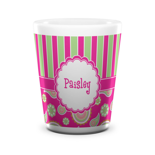 Custom Pink & Green Paisley and Stripes Ceramic Shot Glass - 1.5 oz - White - Single (Personalized)