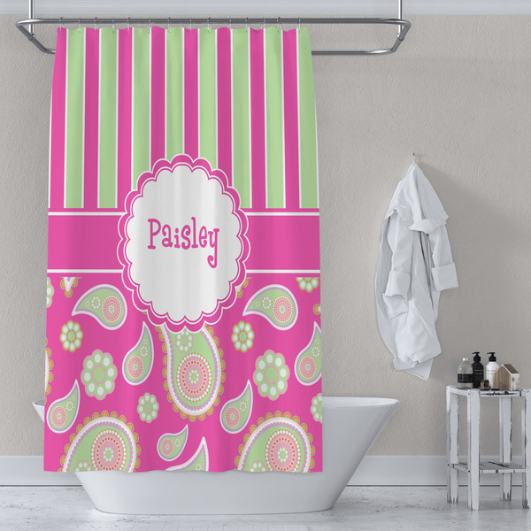 Pink & Green Paisley and Stripes Shower Curtain Lifestyle