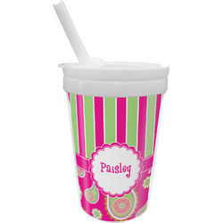 Pink & Green Paisley and Stripes Sippy Cup with Straw (Personalized)