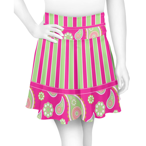 Custom Pink & Green Paisley and Stripes Skater Skirt - X Large
