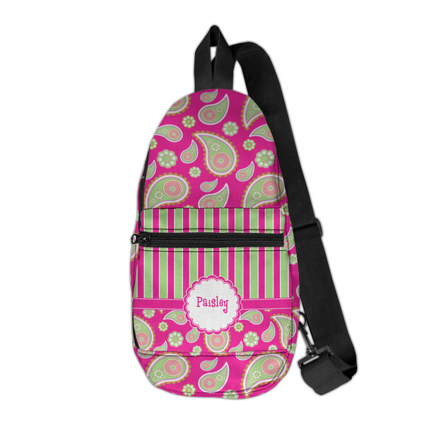 Custom Pink & Green Paisley and Stripes Sling Bag (Personalized)