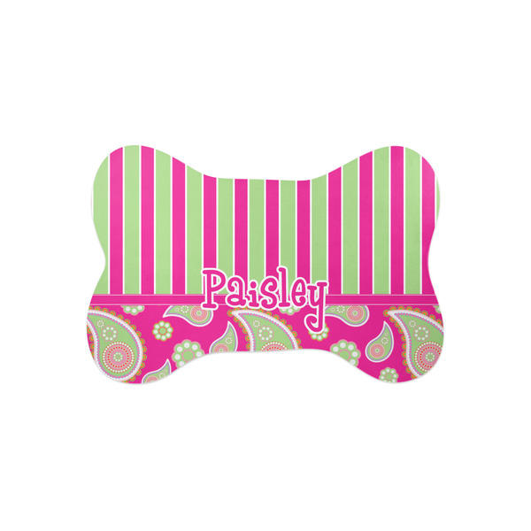 Custom Pink & Green Paisley and Stripes Bone Shaped Dog Food Mat (Small) (Personalized)