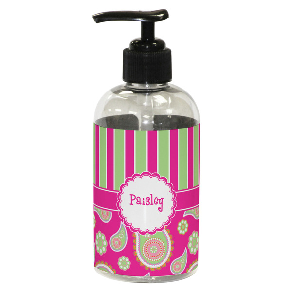 Custom Pink & Green Paisley and Stripes Plastic Soap / Lotion Dispenser (8 oz - Small - Black) (Personalized)
