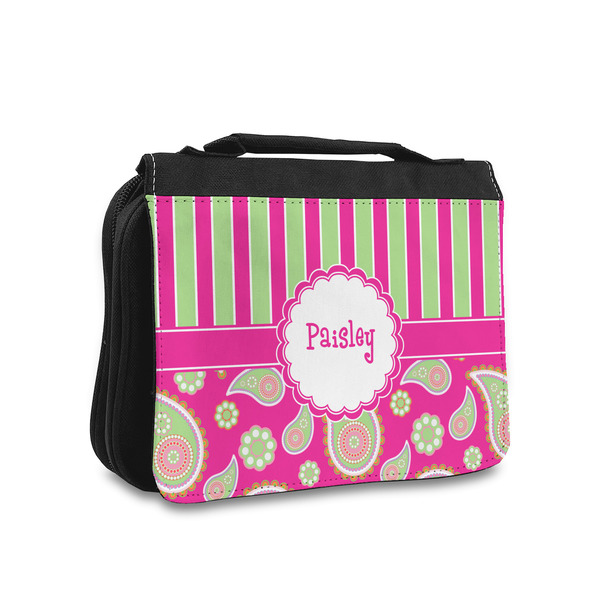 Custom Pink & Green Paisley and Stripes Toiletry Bag - Small (Personalized)