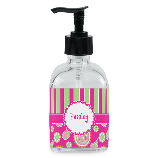 Custom Pink & Green Paisley and Stripes Glass Soap & Lotion Bottle - Single Bottle (Personalized)