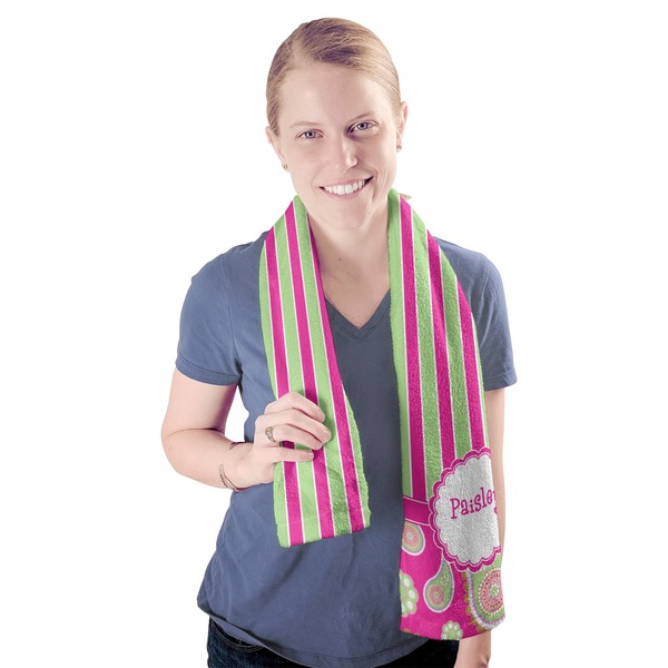 Pink & Green Paisley and Stripes Sport Towel - Exercise use - Model