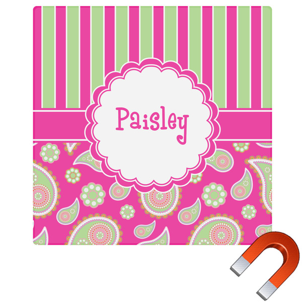 Custom Pink & Green Paisley and Stripes Square Car Magnet - 6" (Personalized)