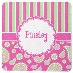 Pink & Green Paisley and Stripes Square Rubber Backed Coaster (Personalized)
