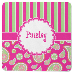 Pink & Green Paisley and Stripes Square Rubber Backed Coaster (Personalized)