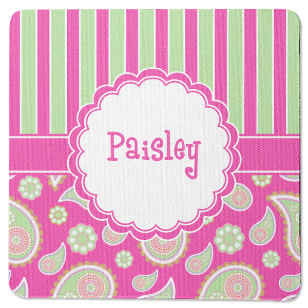 Custom Pink & Green Paisley and Stripes Square Rubber Backed Coaster (Personalized)