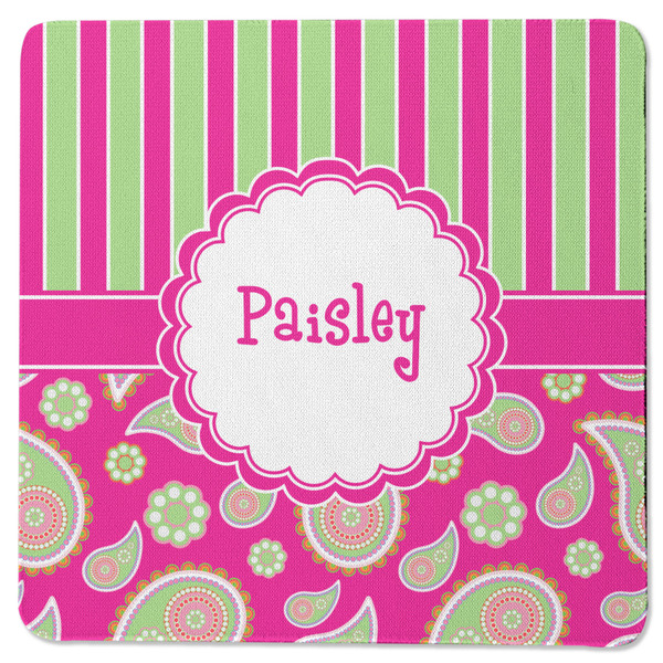 Custom Pink & Green Paisley and Stripes Square Rubber Backed Coaster (Personalized)